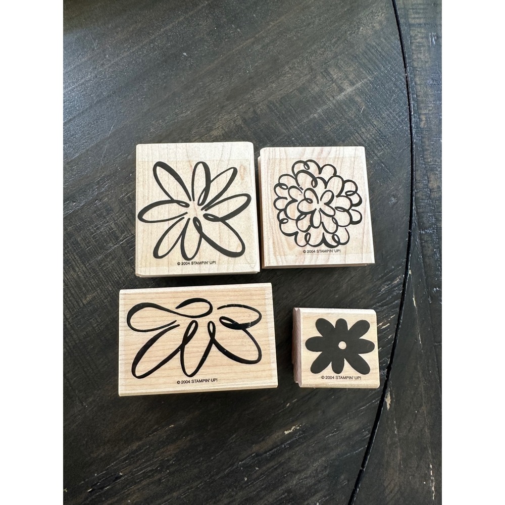 Stampin Up 2004 Doodle Flowers Wood‎ Mounted Rubber Stamps Set/4 Floral Vintage